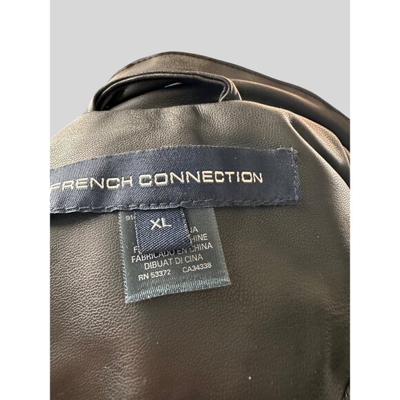 French Connection XL Faux Vegan Leather Bomber Jacket Shearling Collar Black - Picture 10 of 10